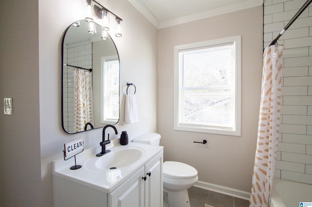 full bathroom with shower / bath combination with curtain, tile patterned floors, ornamental molding, vanity, and toilet