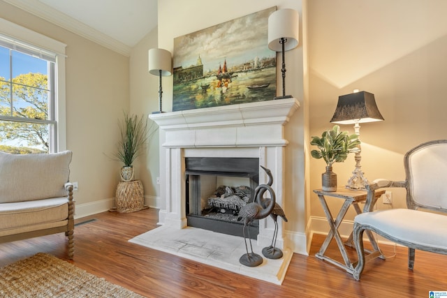 living area with wood-type flooring, crown molding, and vaulted ceiling