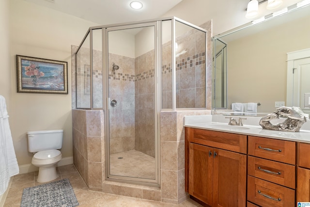 bathroom with tile patterned floors, vanity, a shower with shower door, and toilet