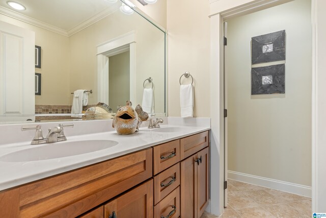 bathroom with vanity, tile patterned floors, and ornamental molding