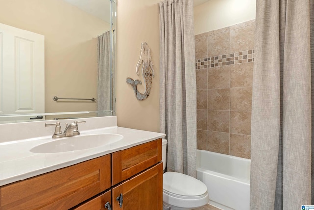 full bathroom with shower / bath combo, toilet, and vanity