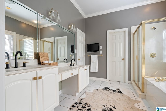 bathroom with tile patterned flooring, vanity, separate shower and tub, and crown molding