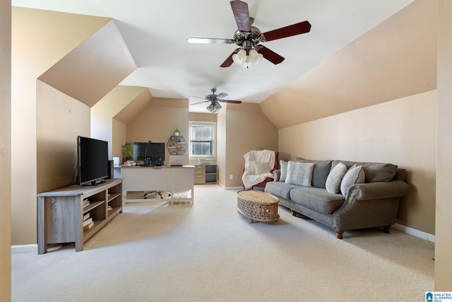 carpeted living room with vaulted ceiling and ceiling fan