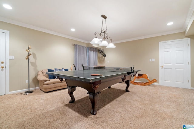 rec room featuring carpet flooring and ornamental molding