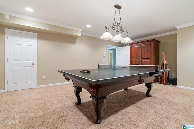 recreation room with light colored carpet and ornamental molding