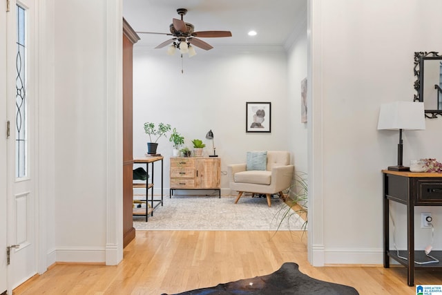 living area with light hardwood / wood-style floors, ceiling fan, and ornamental molding