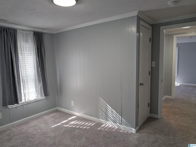 carpeted spare room with a textured ceiling and ornamental molding