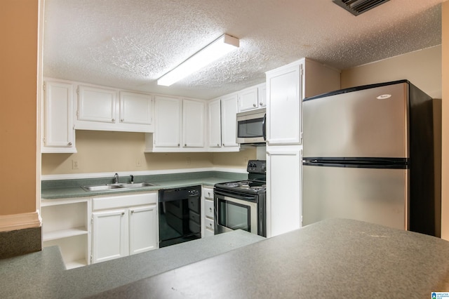 kitchen with white cabinets, a textured ceiling, sink, and black appliances