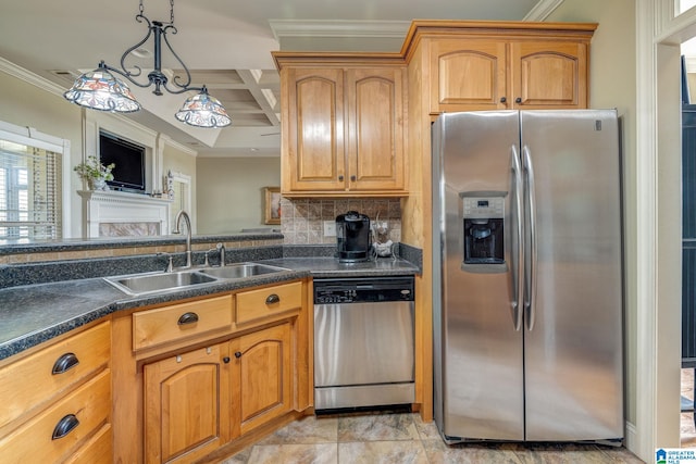 kitchen featuring pendant lighting, coffered ceiling, crown molding, sink, and stainless steel appliances