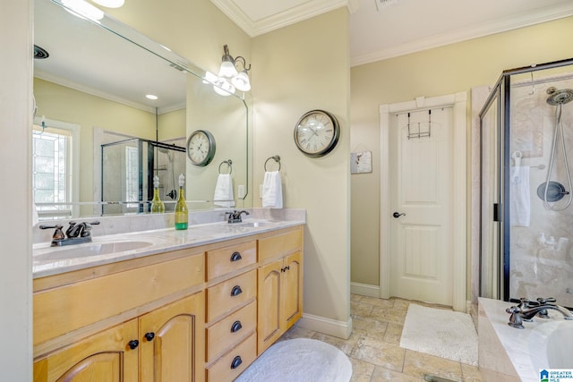 bathroom featuring vanity, crown molding, and plus walk in shower