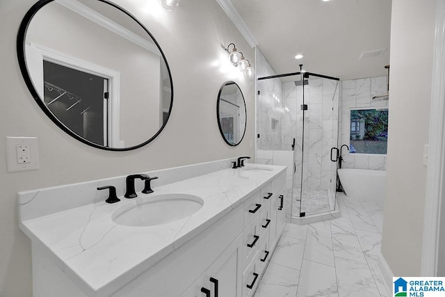 bathroom featuring shower with separate bathtub, vanity, and ornamental molding