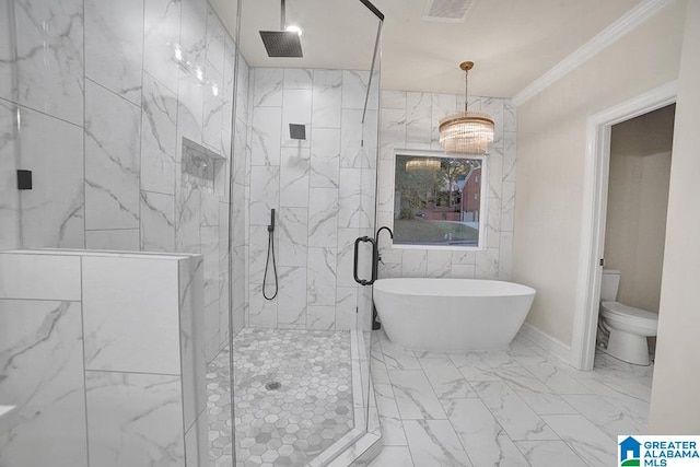 bathroom featuring toilet, crown molding, and plus walk in shower