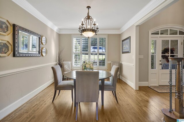 2399 Huntington Glen Dr, Homewood, AL 35226 - dining room with a chandelier, wood finished floors, ornamental molding, and plenty of natural light