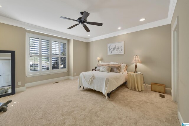2399 Huntington Glen Dr, Homewood, AL 35226 - carpeted bedroom with crown molding, baseboards, ceiling fan, and recessed lighting