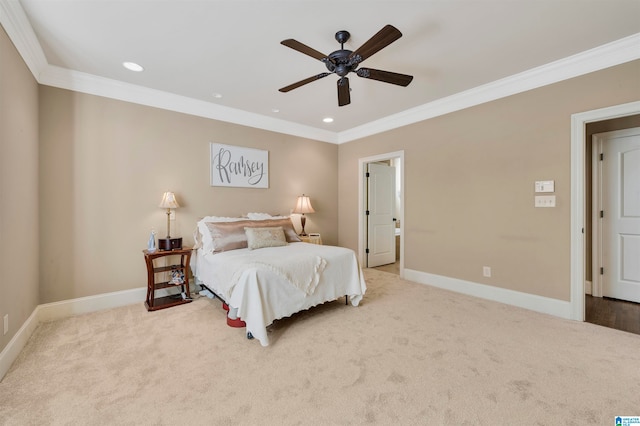 bedroom with ceiling fan, light carpet, and ornamental molding