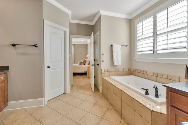 bathroom with tile patterned flooring, vanity, tiled bath, and crown molding