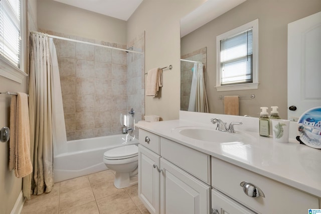 full bathroom with tile patterned flooring, vanity, shower / bath combination with curtain, and toilet