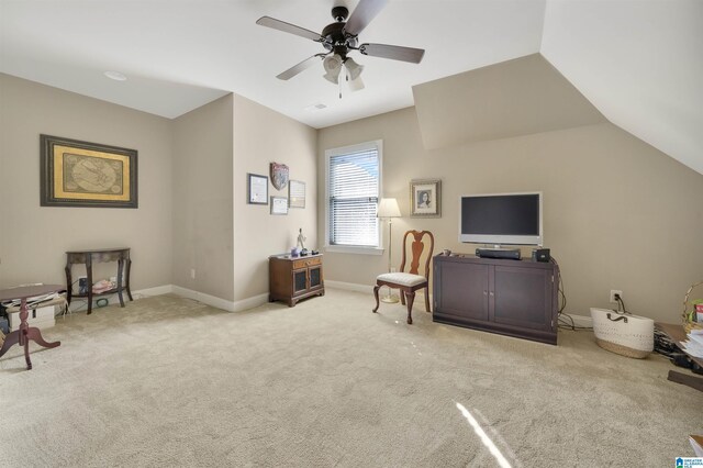 2399 Huntington Glen Dr, Homewood, AL 35226 - sitting room featuring ceiling fan, carpet, baseboards, and vaulted ceiling