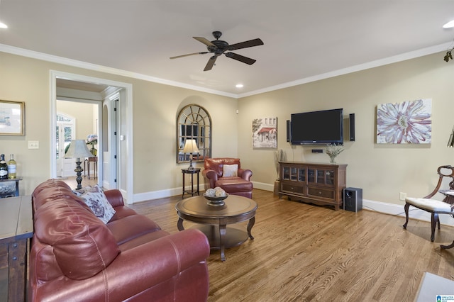 2399 Huntington Glen Dr, Homewood, AL 35226 - living area with ornamental molding, wood finished floors, a ceiling fan, baseboards, and recessed lighting