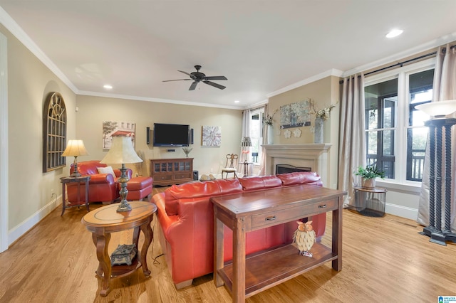 living room with light hardwood / wood-style floors, ceiling fan, and ornamental molding