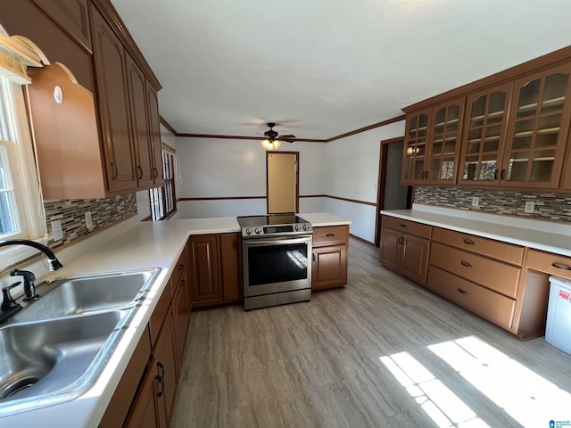 kitchen featuring sink, light hardwood / wood-style flooring, backsplash, crown molding, and electric stove