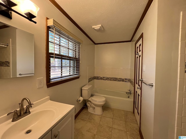 bathroom featuring vanity, tile patterned floors, toilet, ornamental molding, and a textured ceiling