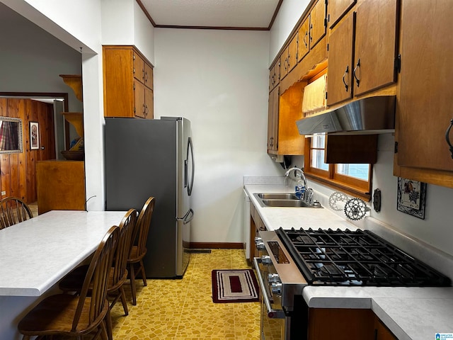 kitchen featuring appliances with stainless steel finishes, crown molding, and sink