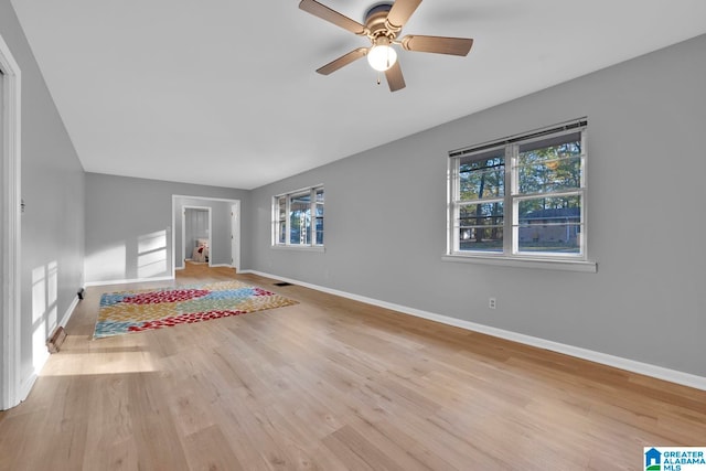 unfurnished living room with light hardwood / wood-style flooring and ceiling fan