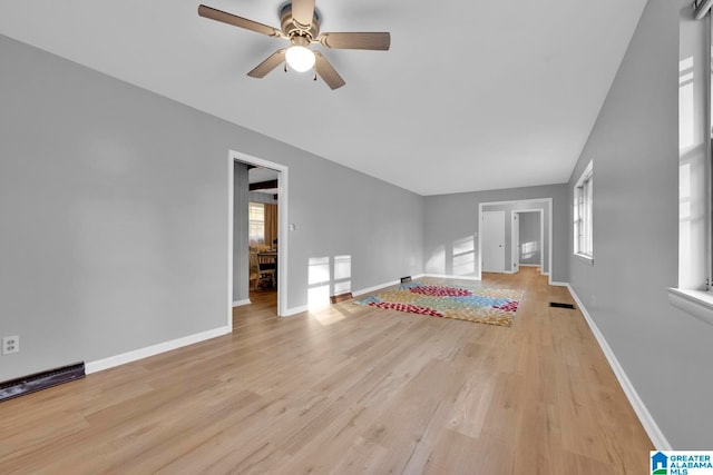 unfurnished living room with ceiling fan and light hardwood / wood-style floors