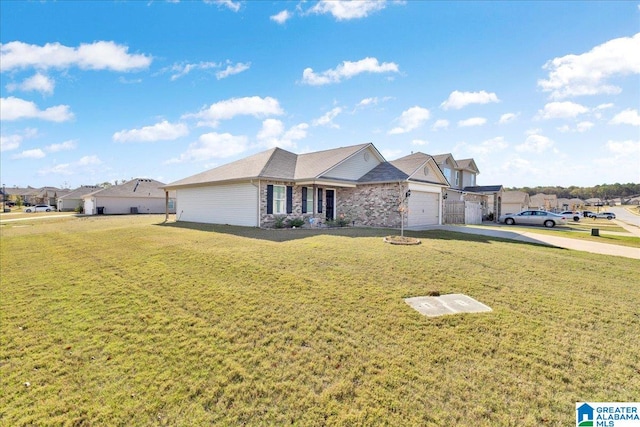 ranch-style house with a front yard and a garage