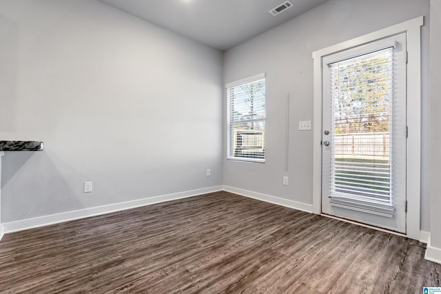 spare room featuring plenty of natural light and dark hardwood / wood-style flooring