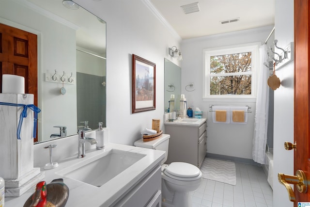 full bathroom featuring vanity, tile patterned flooring, toilet, ornamental molding, and shower / tub combo with curtain