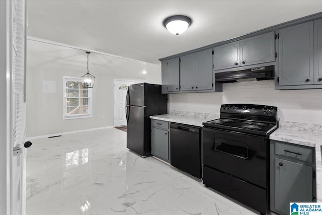 kitchen with gray cabinets, decorative backsplash, hanging light fixtures, and black appliances