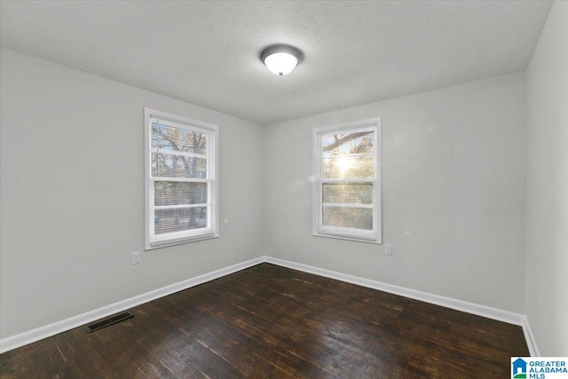 unfurnished room featuring a textured ceiling, dark hardwood / wood-style flooring, and a healthy amount of sunlight