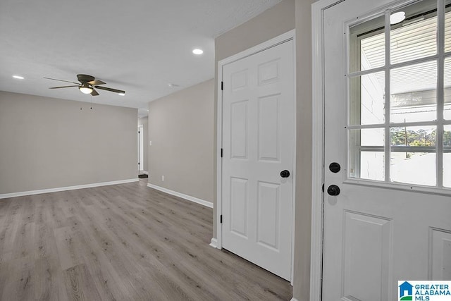 6129 Spruce Dr, Anniston, AL 36206 - entrance foyer with ceiling fan, light wood-type flooring, baseboards, and recessed lighting