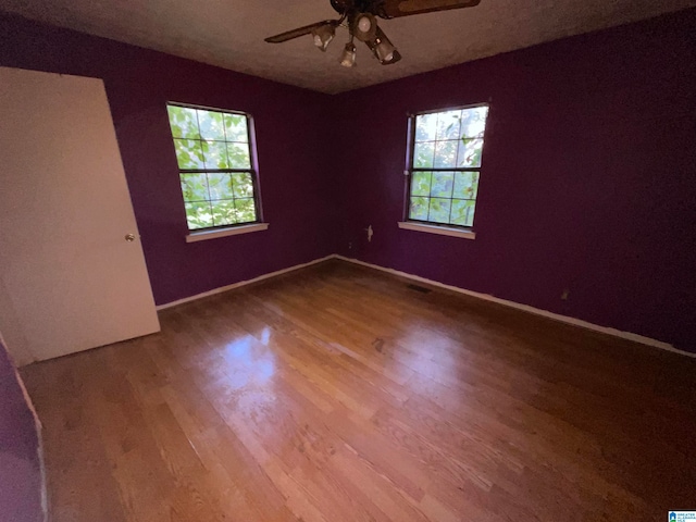 unfurnished room featuring ceiling fan, plenty of natural light, and hardwood / wood-style floors