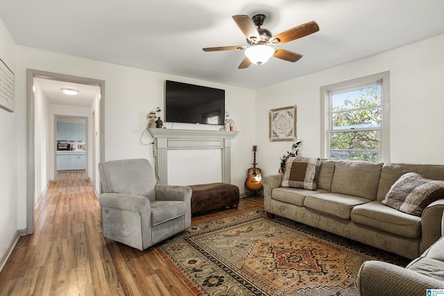 living room featuring ceiling fan and hardwood / wood-style floors