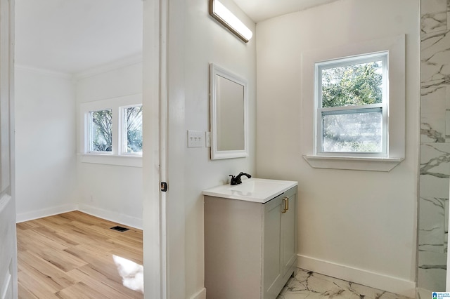 bathroom featuring hardwood / wood-style flooring, vanity, and ornamental molding