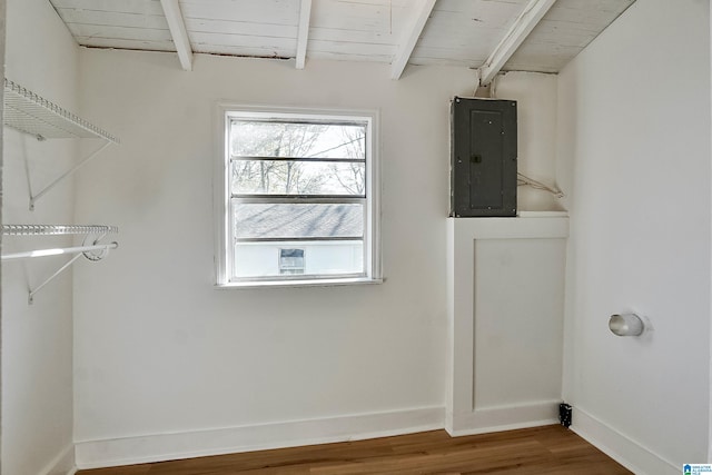 washroom with electric panel, wooden ceiling, and wood-type flooring