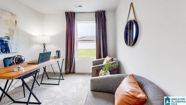 home office with light colored carpet