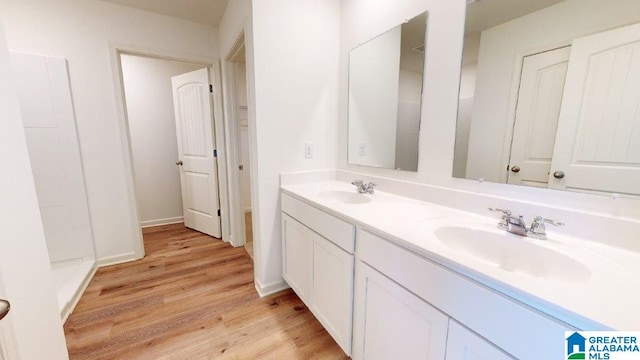 bathroom featuring vanity and wood-type flooring