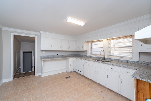 kitchen featuring white cabinetry, sink, light stone countertops, white dishwasher, and ornamental molding