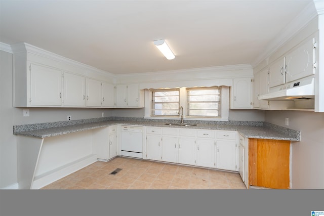 kitchen featuring dishwasher, white cabinetry, sink, and ornamental molding