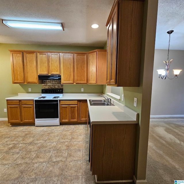 kitchen featuring light carpet, sink, decorative light fixtures, a chandelier, and white electric range