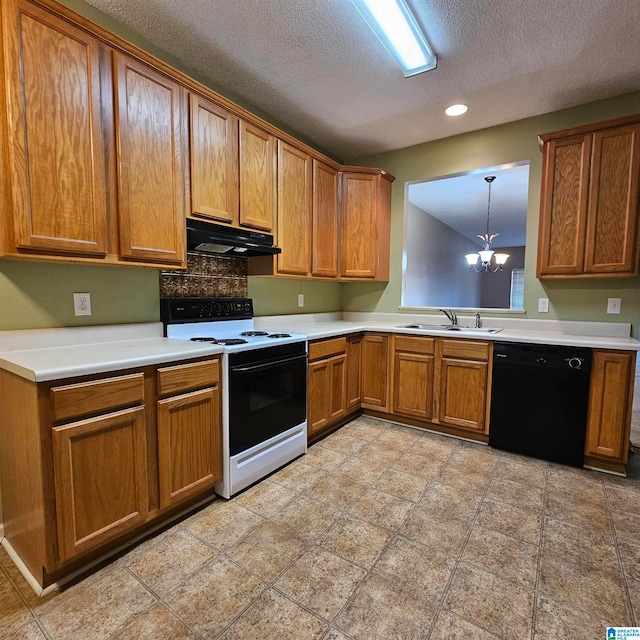 kitchen featuring white range with electric stovetop, sink, decorative light fixtures, a notable chandelier, and black dishwasher