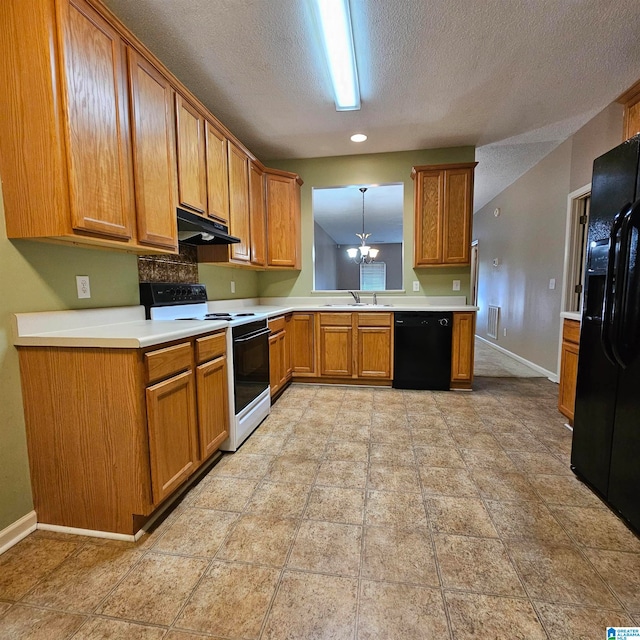 kitchen with black appliances, a textured ceiling, hanging light fixtures, and an inviting chandelier