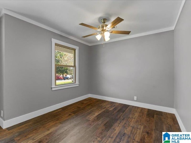 unfurnished room featuring dark hardwood / wood-style floors, ceiling fan, and crown molding