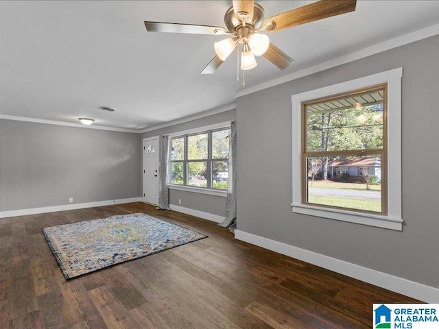 spare room featuring dark hardwood / wood-style flooring, ceiling fan, plenty of natural light, and ornamental molding