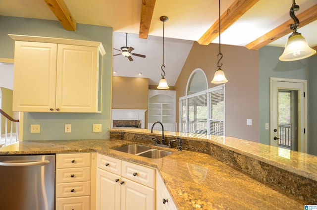 kitchen featuring ceiling fan, dishwasher, sink, pendant lighting, and stone countertops