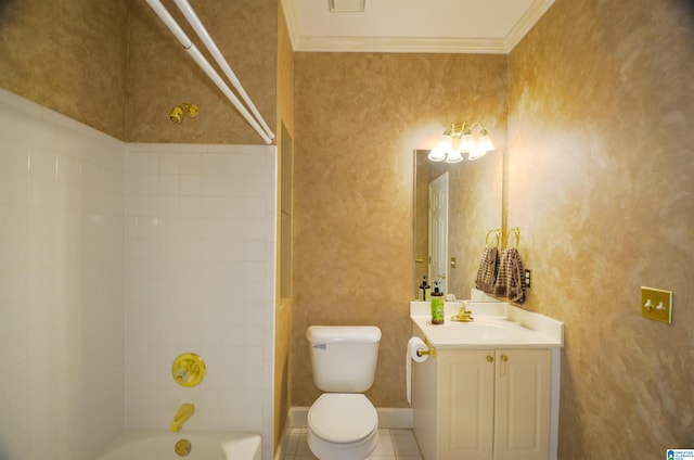 full bathroom featuring vanity, shower / tub combination, tile patterned flooring, toilet, and ornamental molding